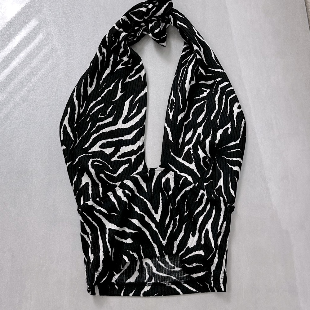 Tie Neck Zebra Print Halter Top